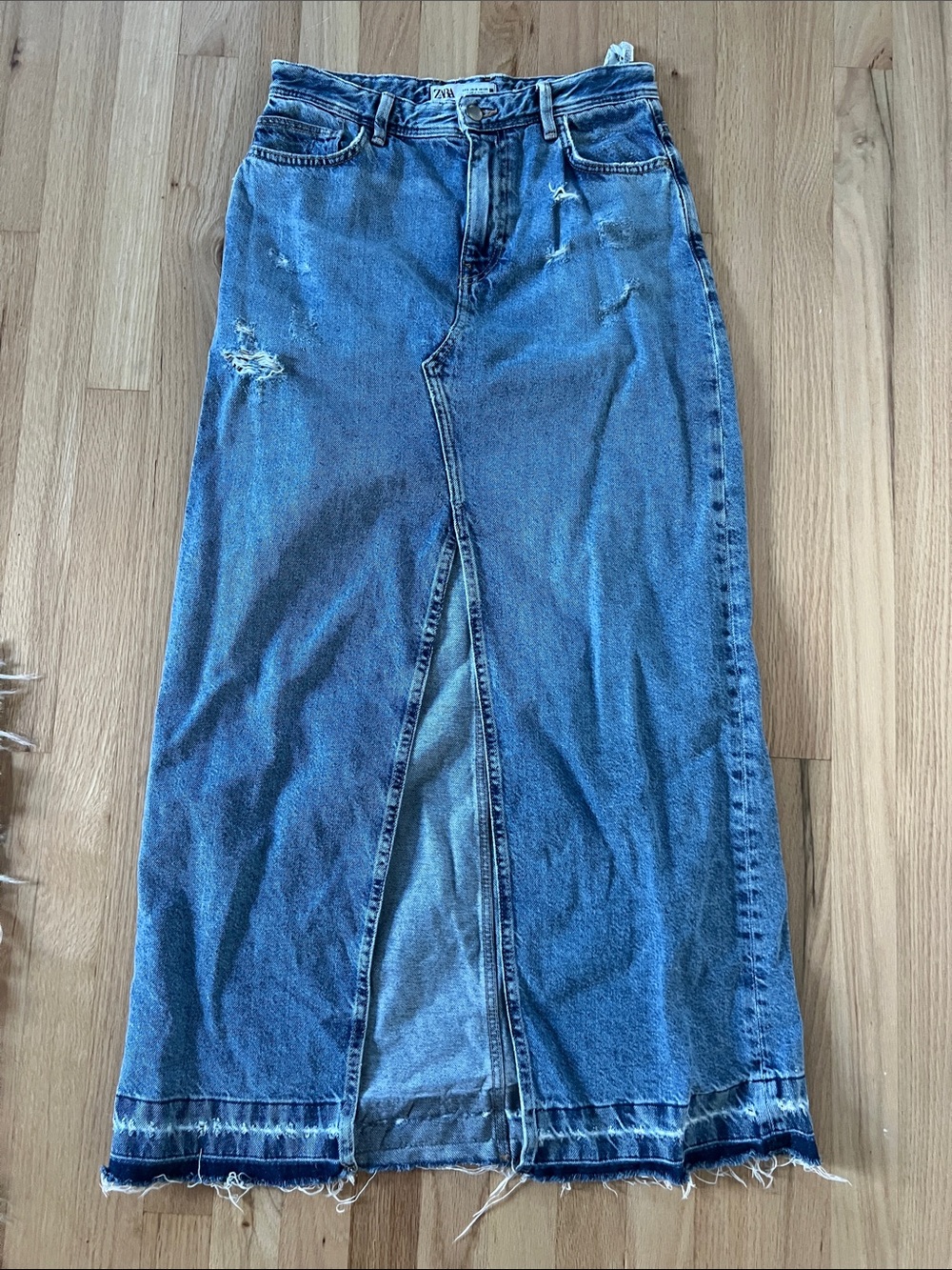 Zara Blue Distressed Denim Maxi Skirt with Front Center Slit